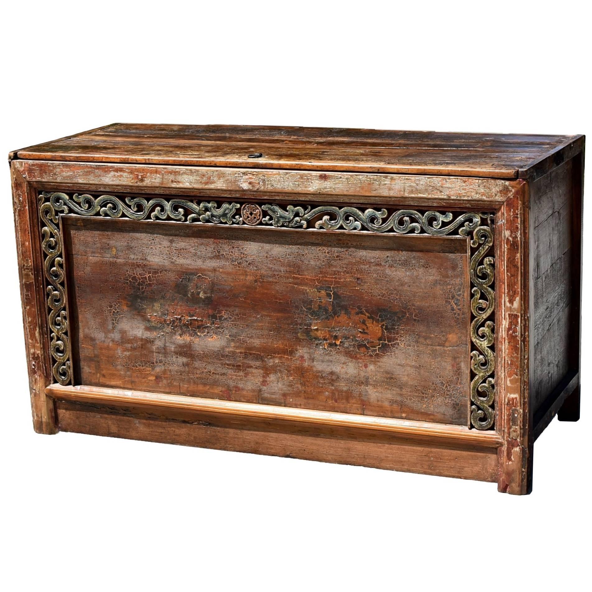 Original Early 19th Century Mongolian Chest with Painted Foo Dogs For Sale