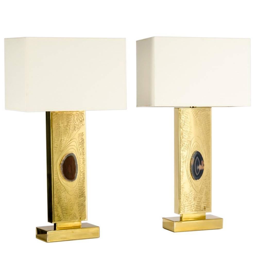 Pair of Etched Brass Inlaid Agate Table Lamps by Lova Creation