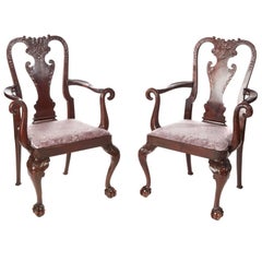 Fine Pair of Antique Carved Walnut Elbow/Desk Chairs