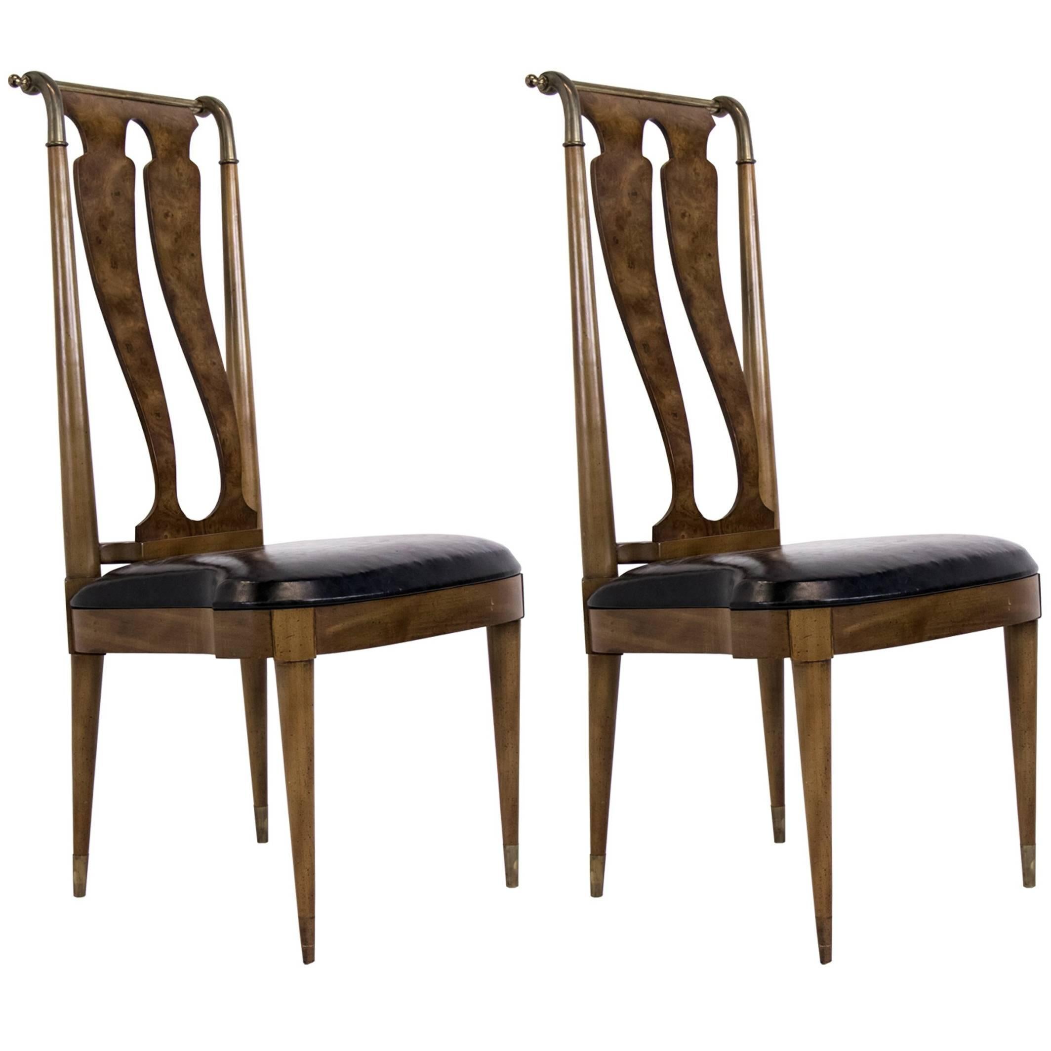 Pair of Italianate Burl Wood and Brass Side Chairs