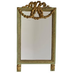 19th Century Brocaded Portrait Mirror Green Wood Framed with Gold Accents