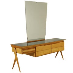Chest of Drawers with Mirror and Dressing Table Maple Ash Glass Vintage, 1950s