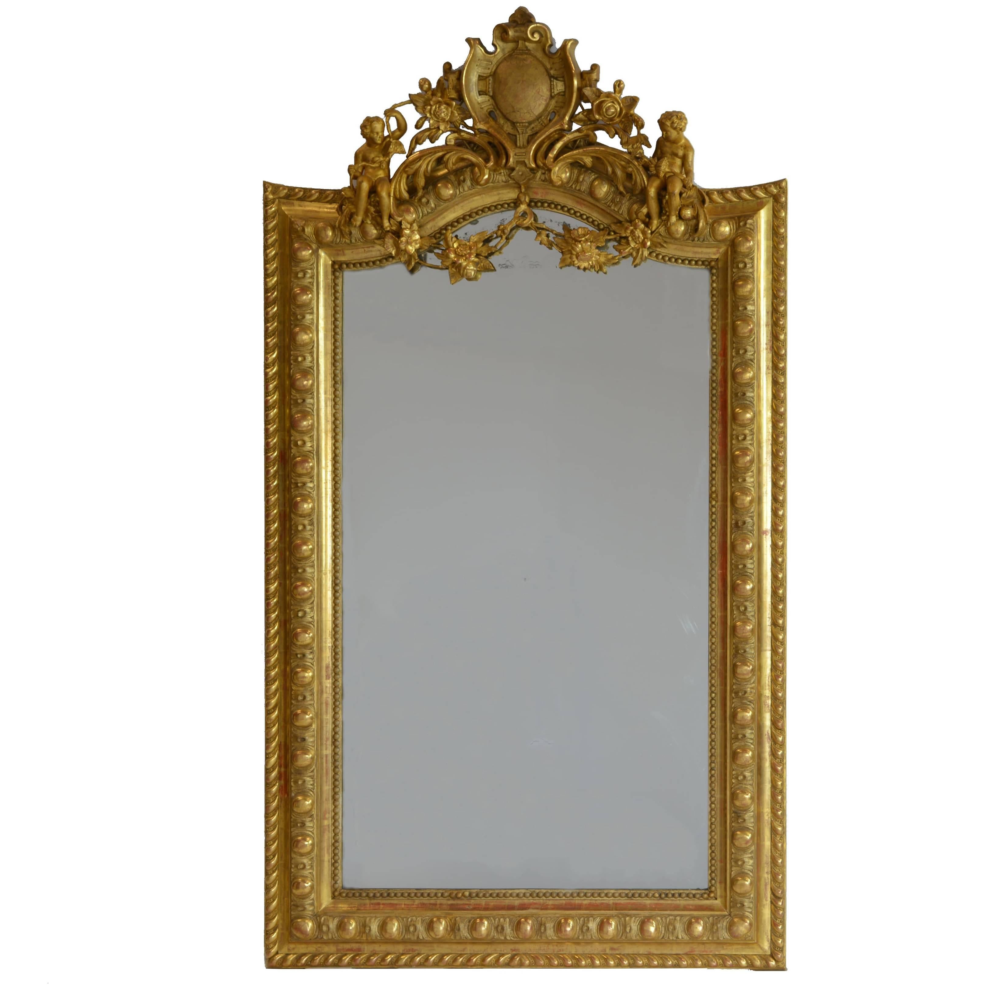 Large French 19th Century Ornate Giltwood Carved Mirror Louis XV Style Mirror For Sale
