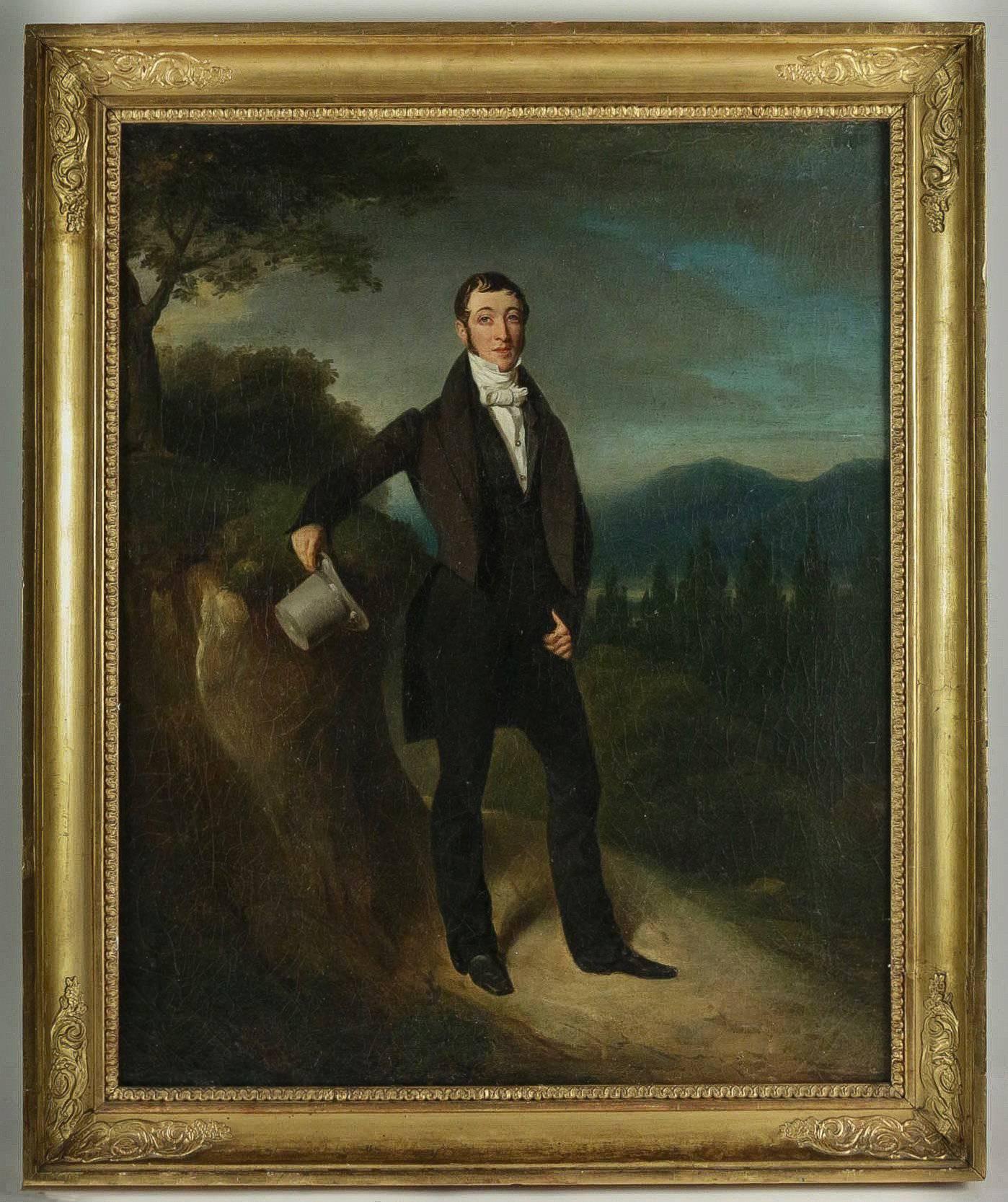 An attractive and representative portrait, of the French Restoration period.

Our painting, attributed to Pierre Duval le Camus depicts us the Portrait of an Elegant Man with a Hat in a landscape. 
Early-19th century, French Restauration period