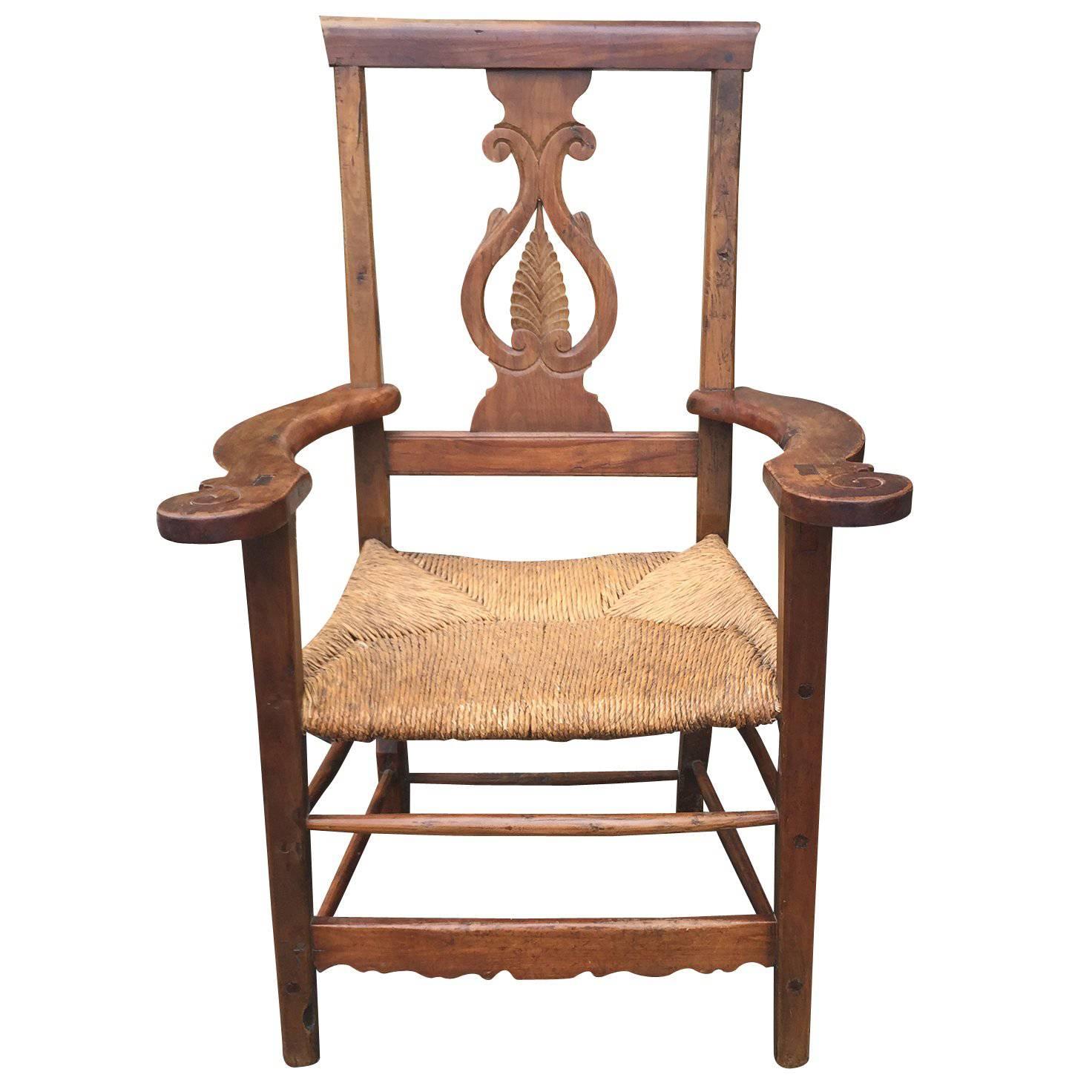 18th-19th Century Provencial Italian Chair, Walnut with Rush Seat
