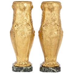 Pair of French Art Nouveau Gilt Bronze Vases, by F. Barbedienne