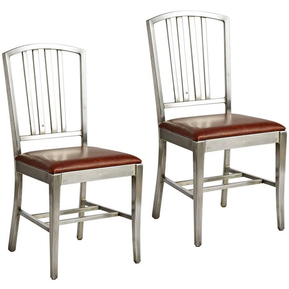 Pair of Aluminum Side Chairs with Leather Seats, circa 1930s