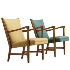 Danish Reclining Wingback Chairs in Green and Yellow Upholstery, 1950s