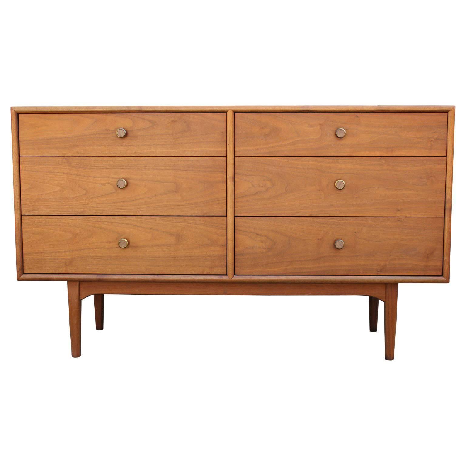 Modern Kipp Stewart for Drexel Six-Drawer Walnut Dresser with Brass Hardware