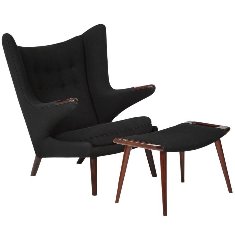 Hans Wegner Papa Bear Chair and Ottoman Teak A.P. Stolen Signed Denmark, 1960s