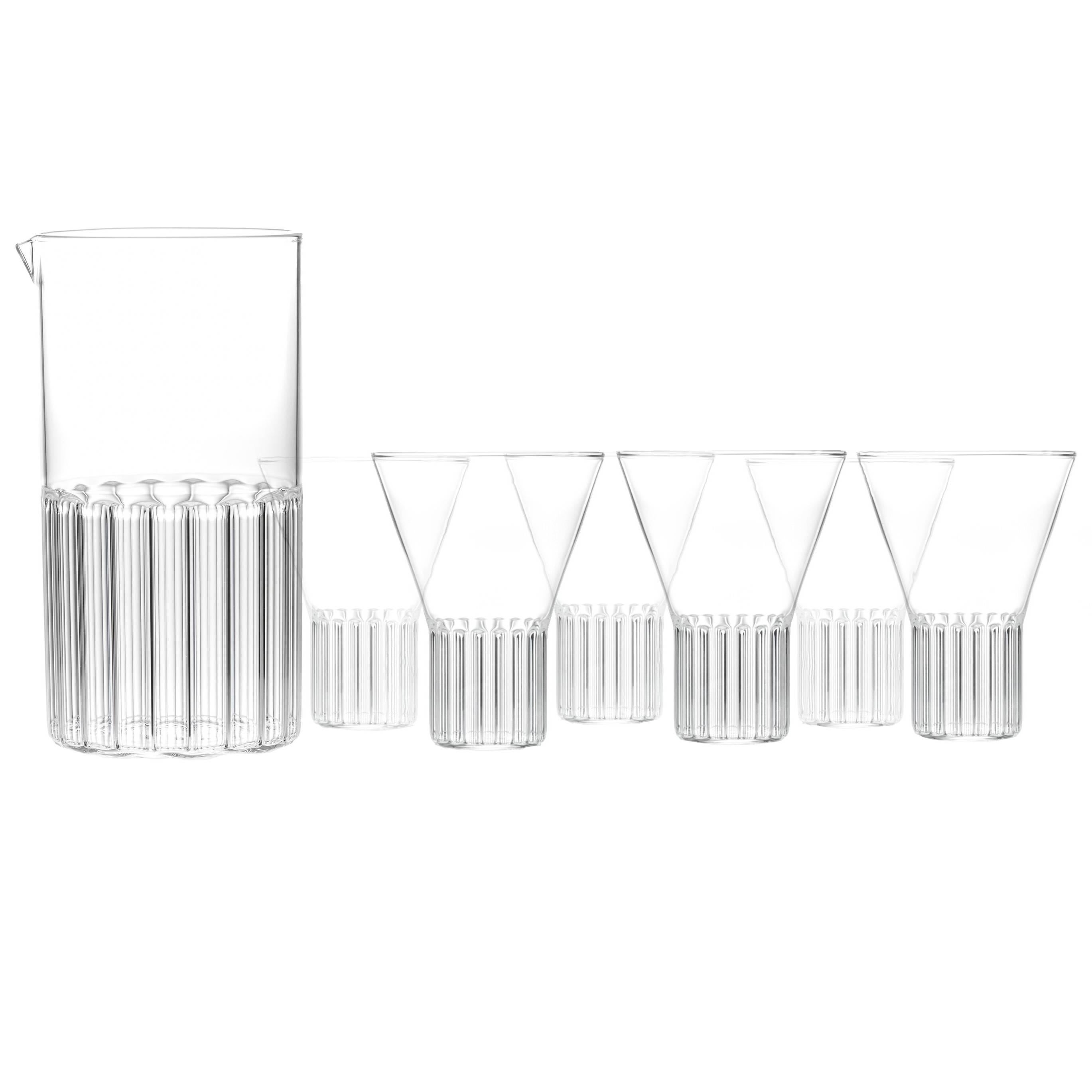 Fferrone Contemporary Clear handmade Czech Glass Carafe and Six Large Glass Set en vente