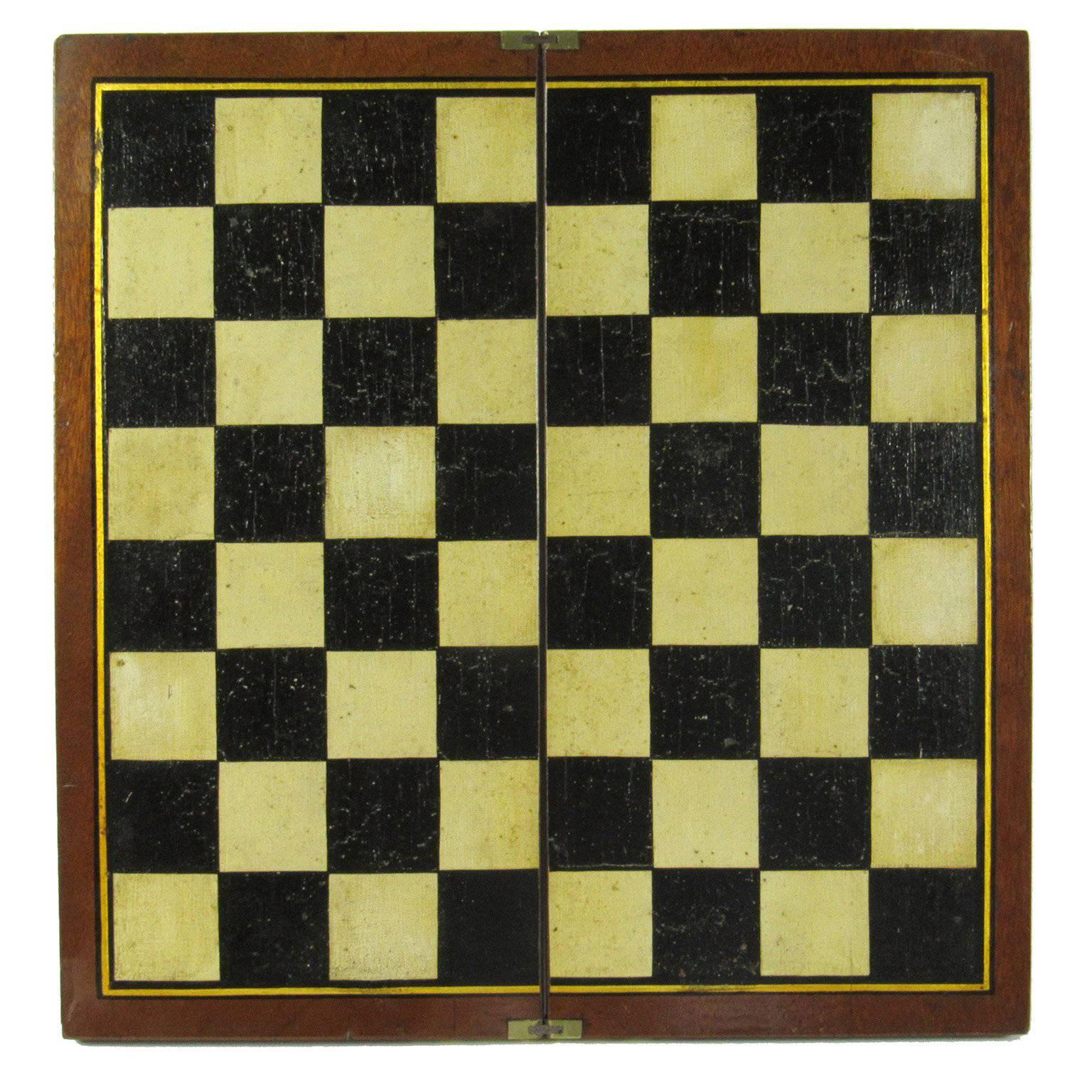 Folk Art Antique Painted Mahogany Folding Chessboard Probably English For Sale