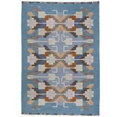 1960s Scandinavian Flat-Weave Blue Wool Rug by Ingegerd Silow