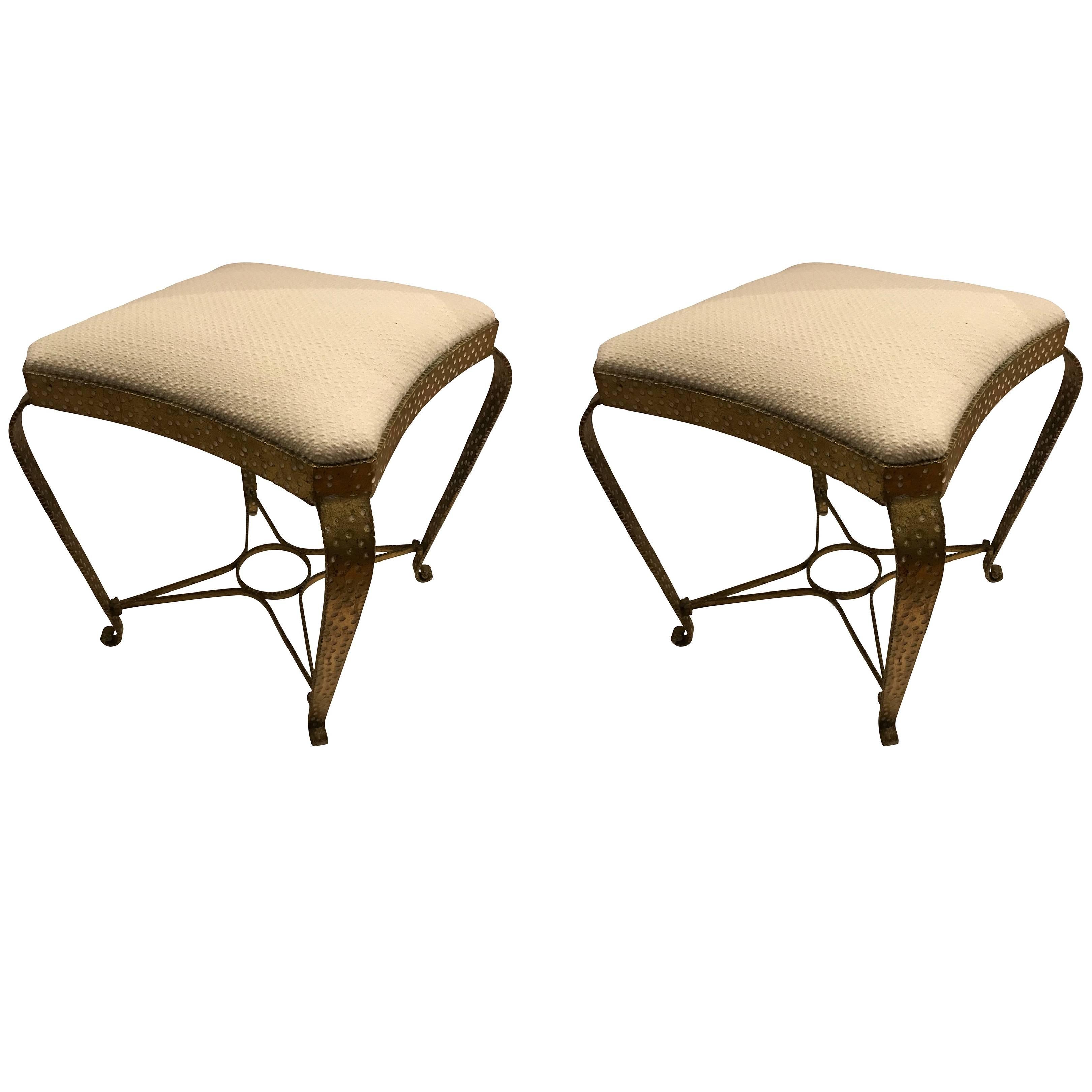 Pair of Hammered Gold Gilt Metal Foot Stools, Italian, 1950s