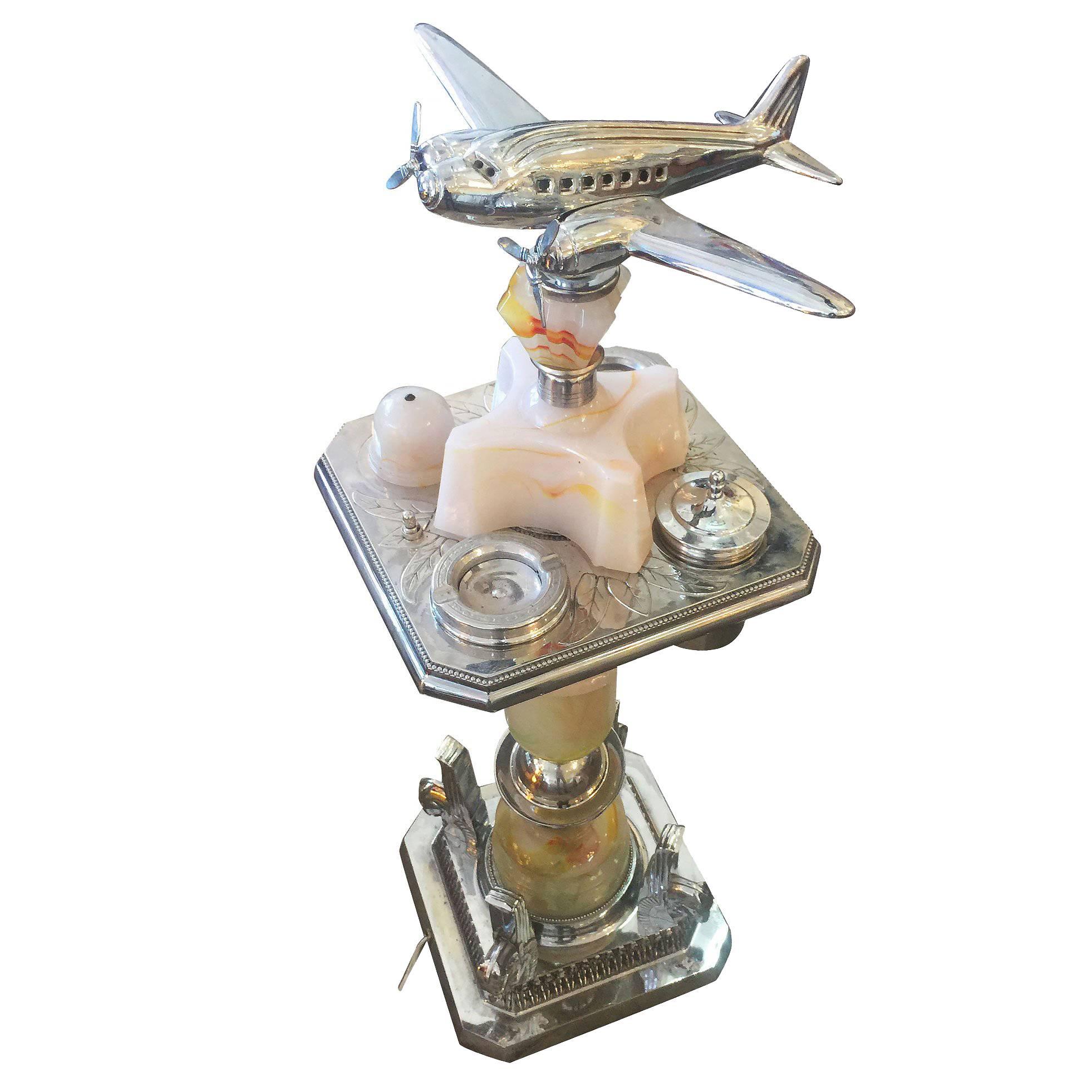 Chrome and Art Deco Ashtray Stand with Light Up Plane