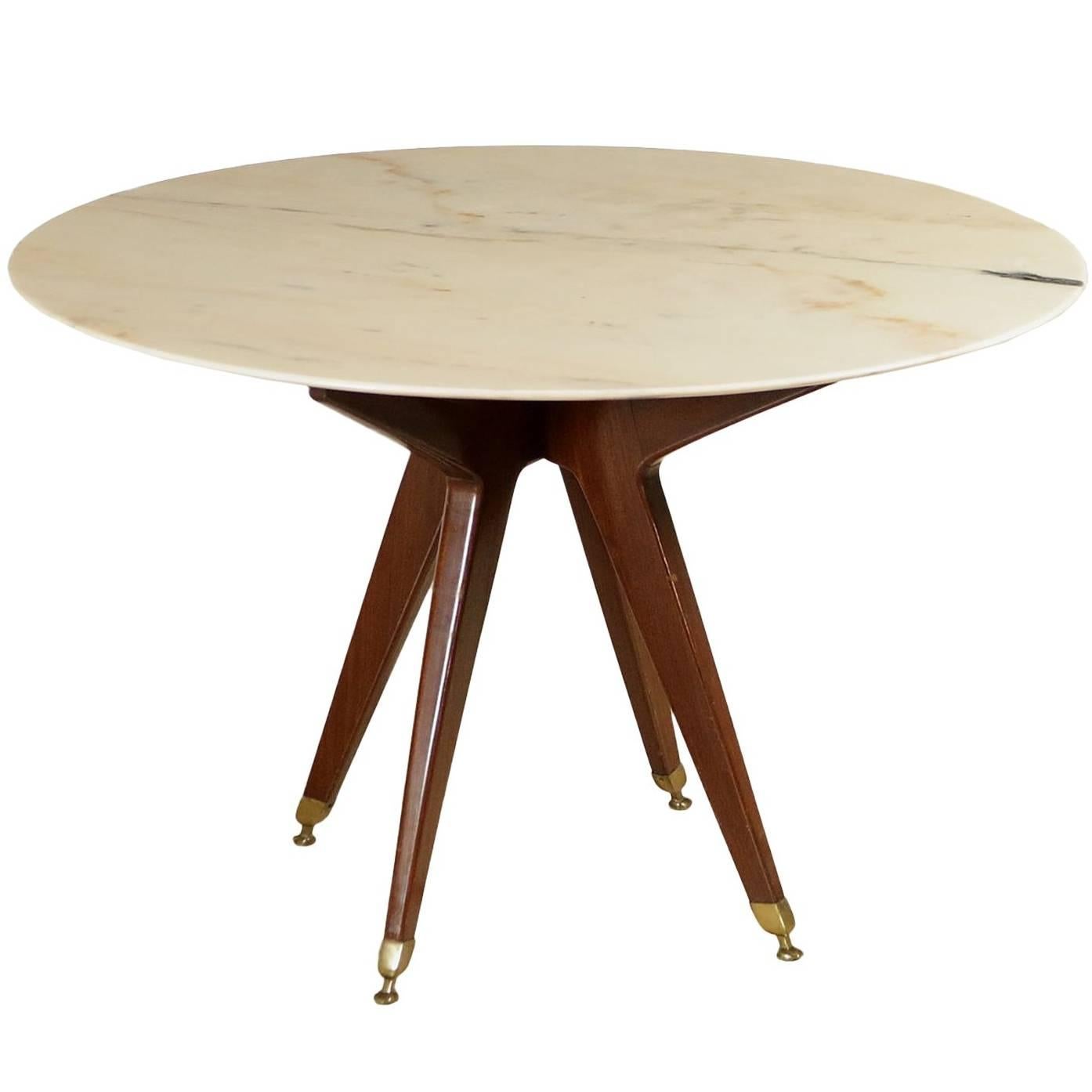 Table with Stained Mahogany Legs Brass and Marble Vintage, Italy, 1950s