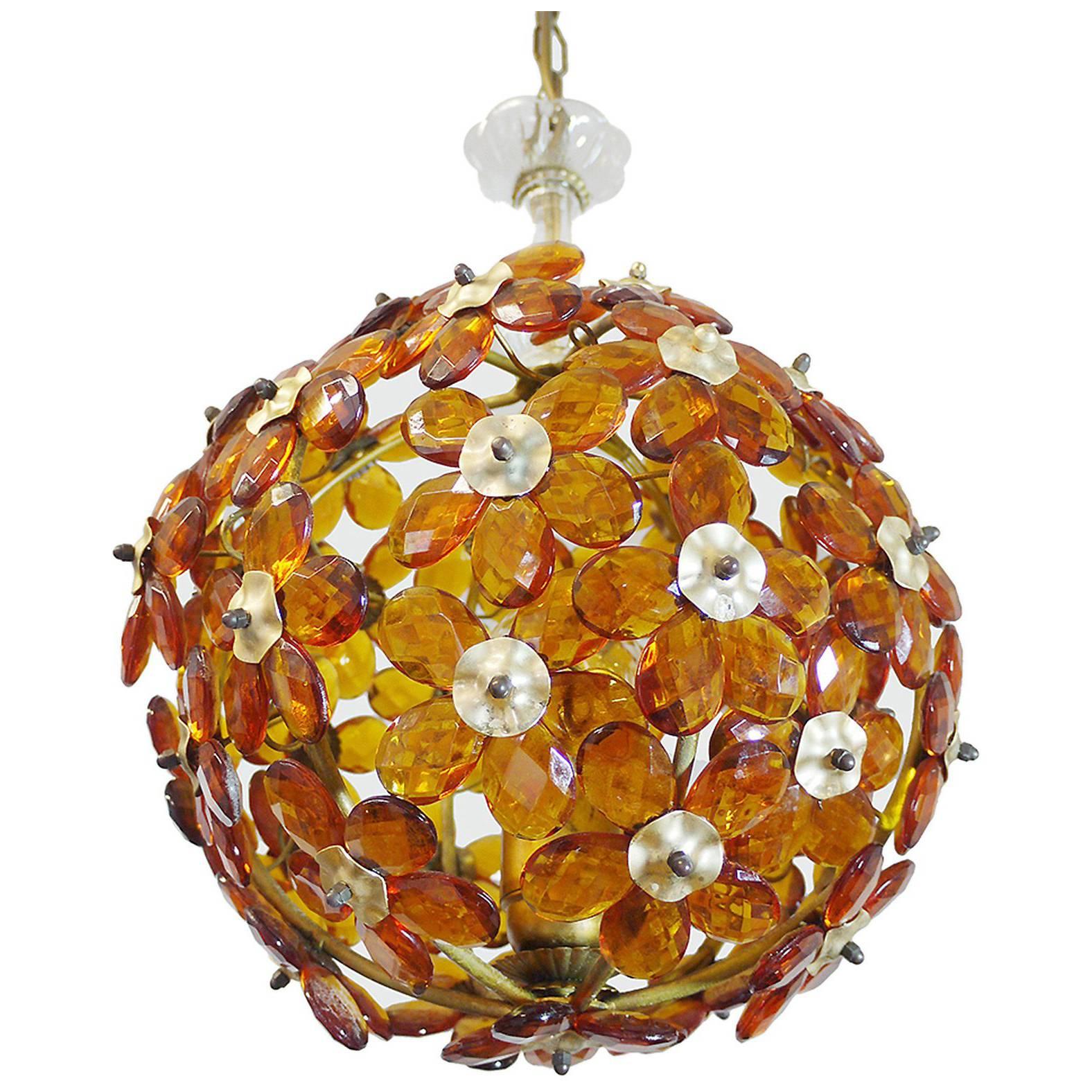 1950 France Maison Bagues Amber Chandelier Crystal Flowers & Brass For Sale