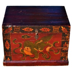 Large Painted Box with Foo Dog, Antique Trunk