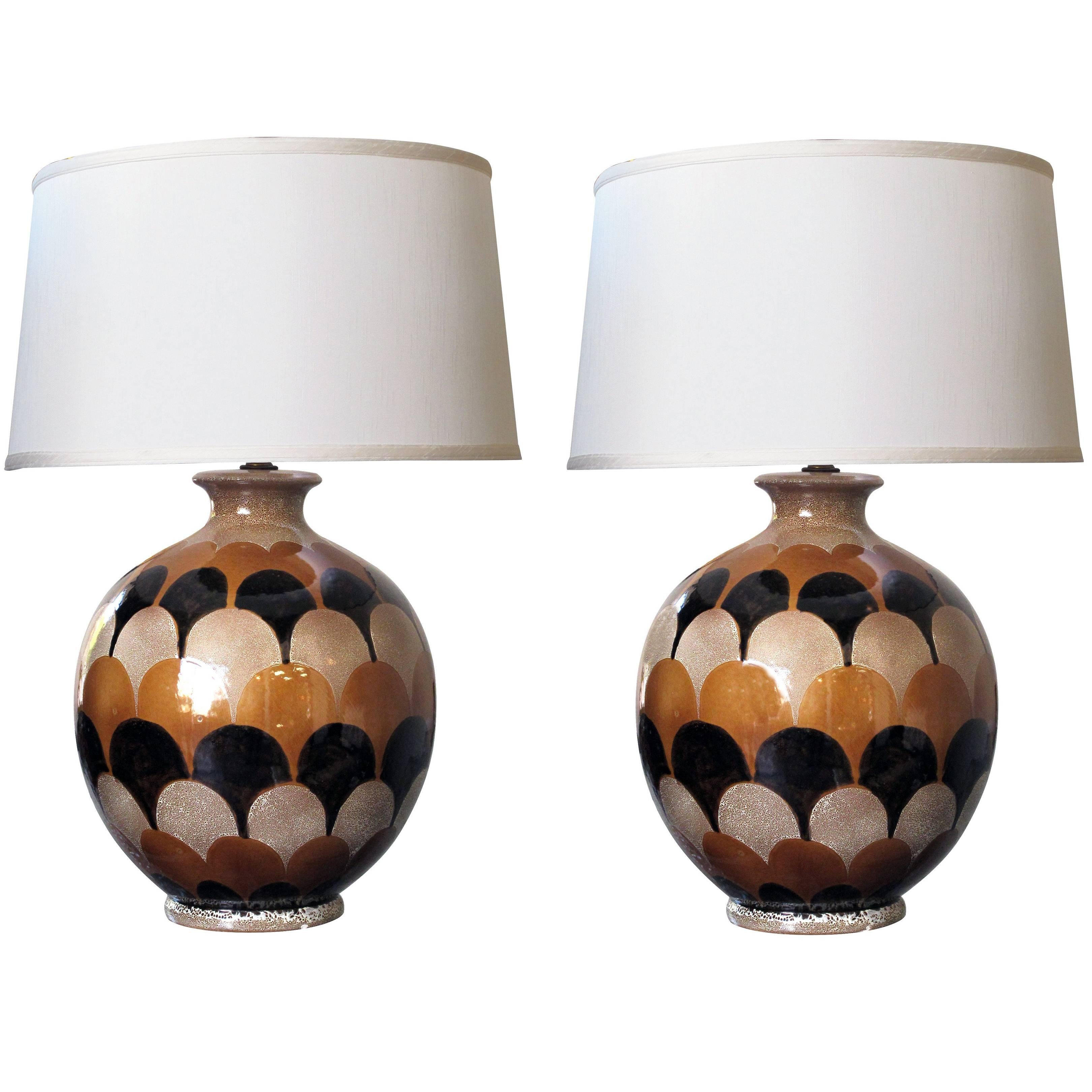 Pair of Italian Handmade Ovoid-Shaped Ceramic Lamps with Imbricating Glaze