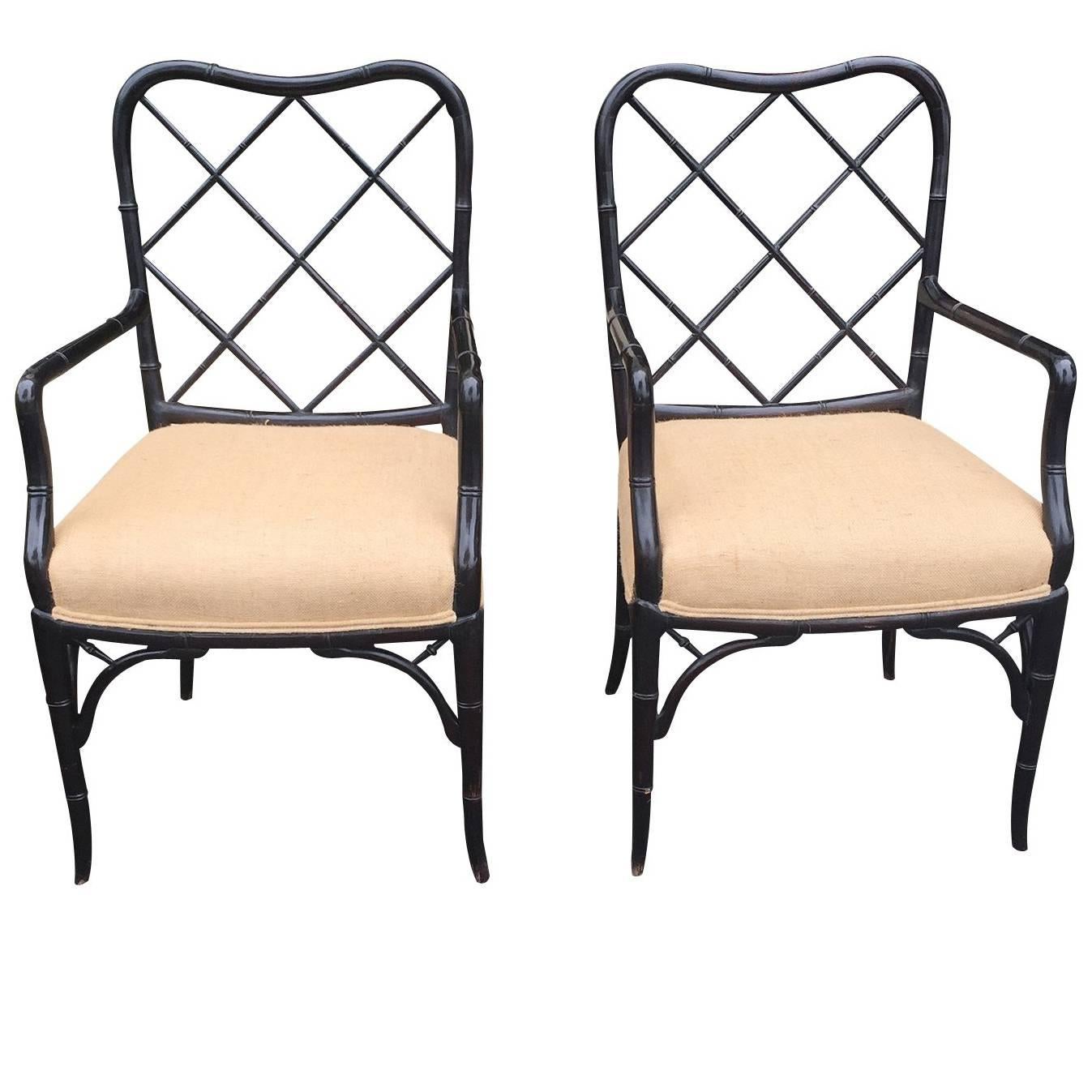 Pair of Faux Bamboo Black Armchairs, circa 1940s-1950s