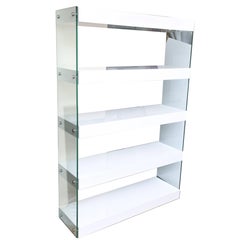 Vintage White Lacquer Wood and Glass Five-Tier Shelving Unit