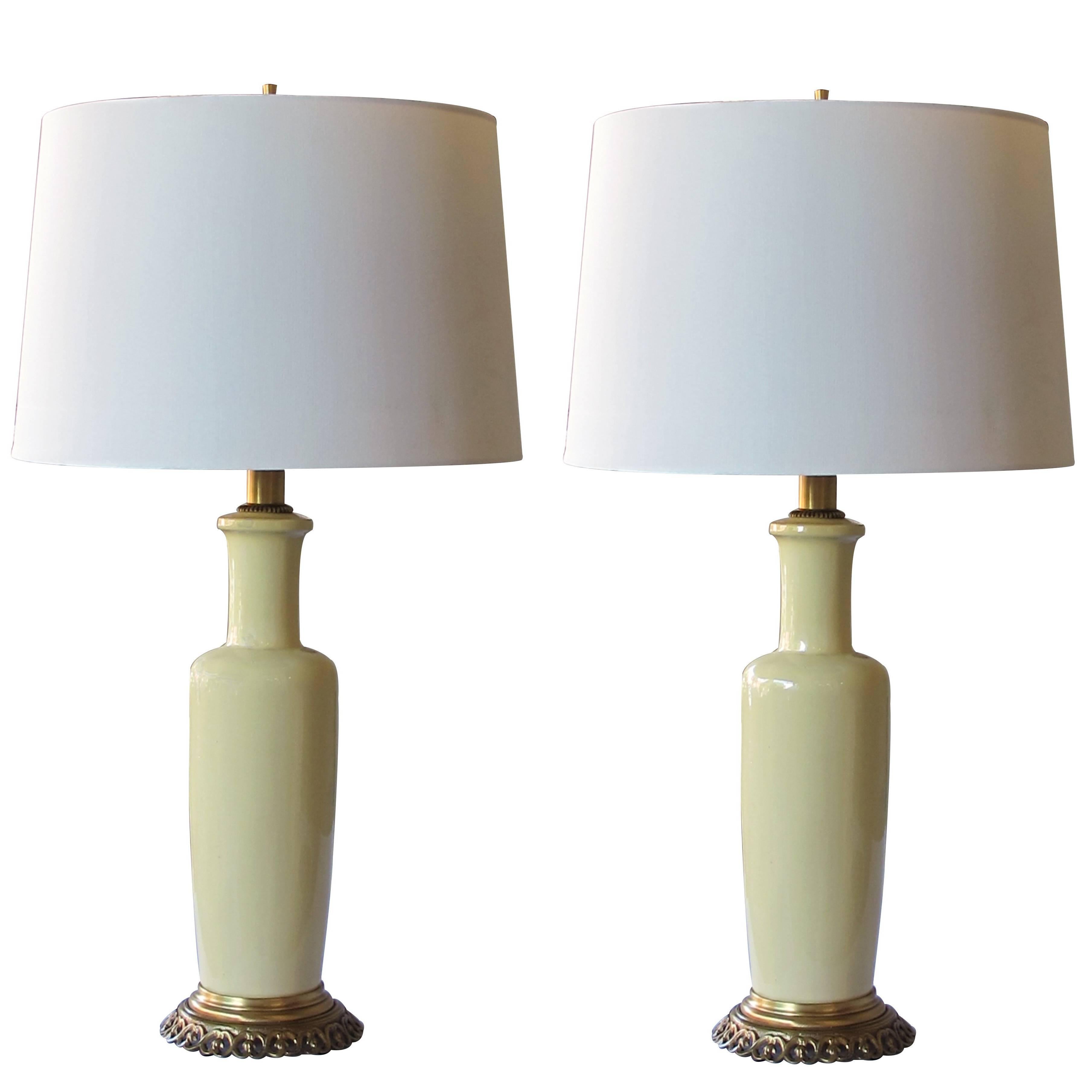 Good Quality Pair of 1960s Chartreuse Glaze Ceramic Lamps by Frederick Cooper