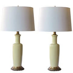 Retro Good Quality Pair of 1960s Chartreuse Glaze Ceramic Lamps by Frederick Cooper