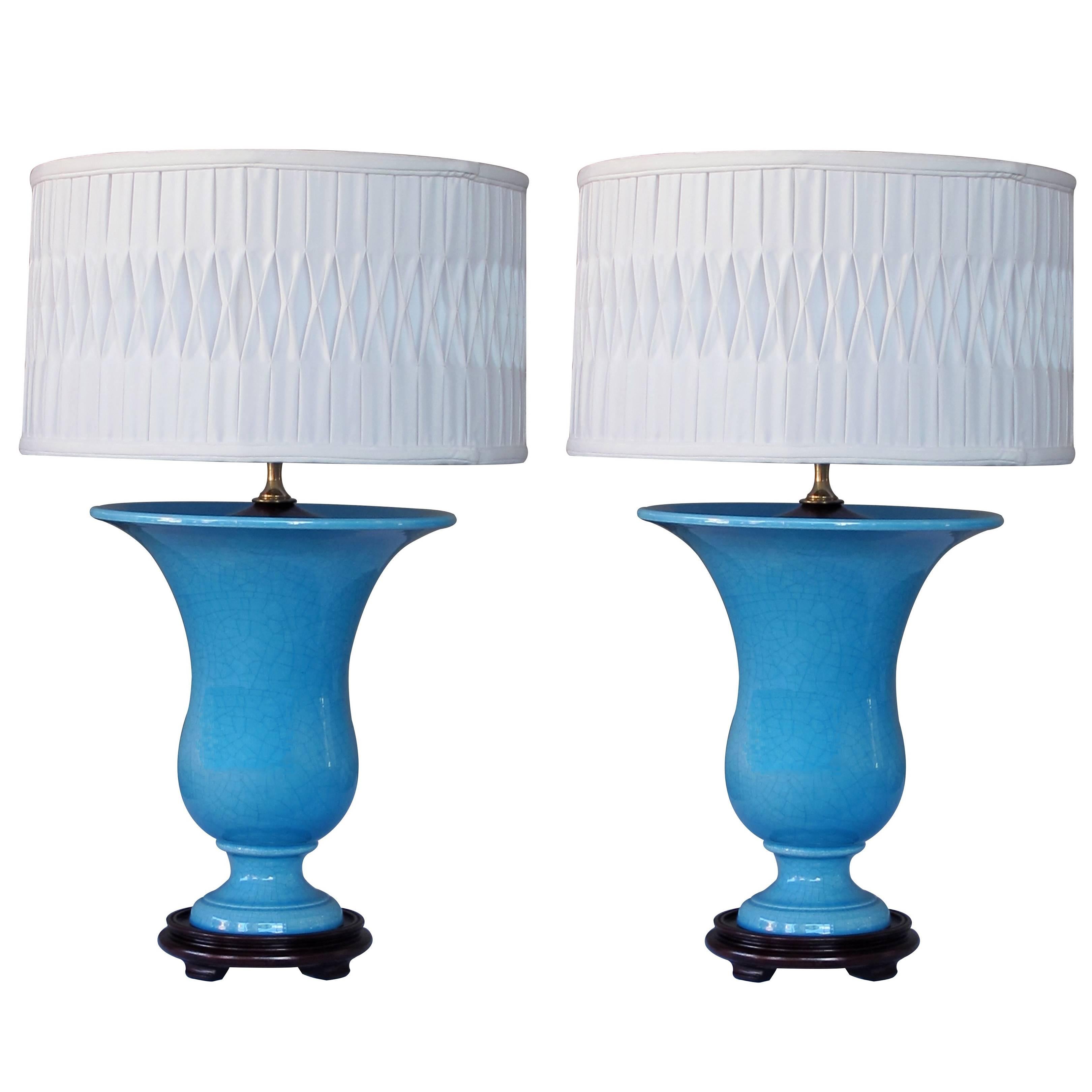 Striking Pair of French Art Deco Turquoise Crackle-Glazed Urns Now Lamps For Sale