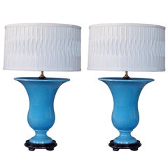 Striking Pair of French Art Deco Turquoise Crackle-Glazed Urns Now Lamps