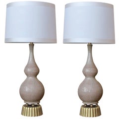 Chic Pair of American Midcentury Gouble-Gourd Form Taupe Glazed Lamps