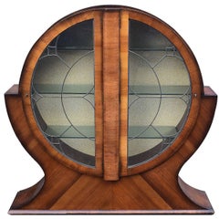 Vintage 1930s English Art Deco Circular Display Cabinet in Walnut