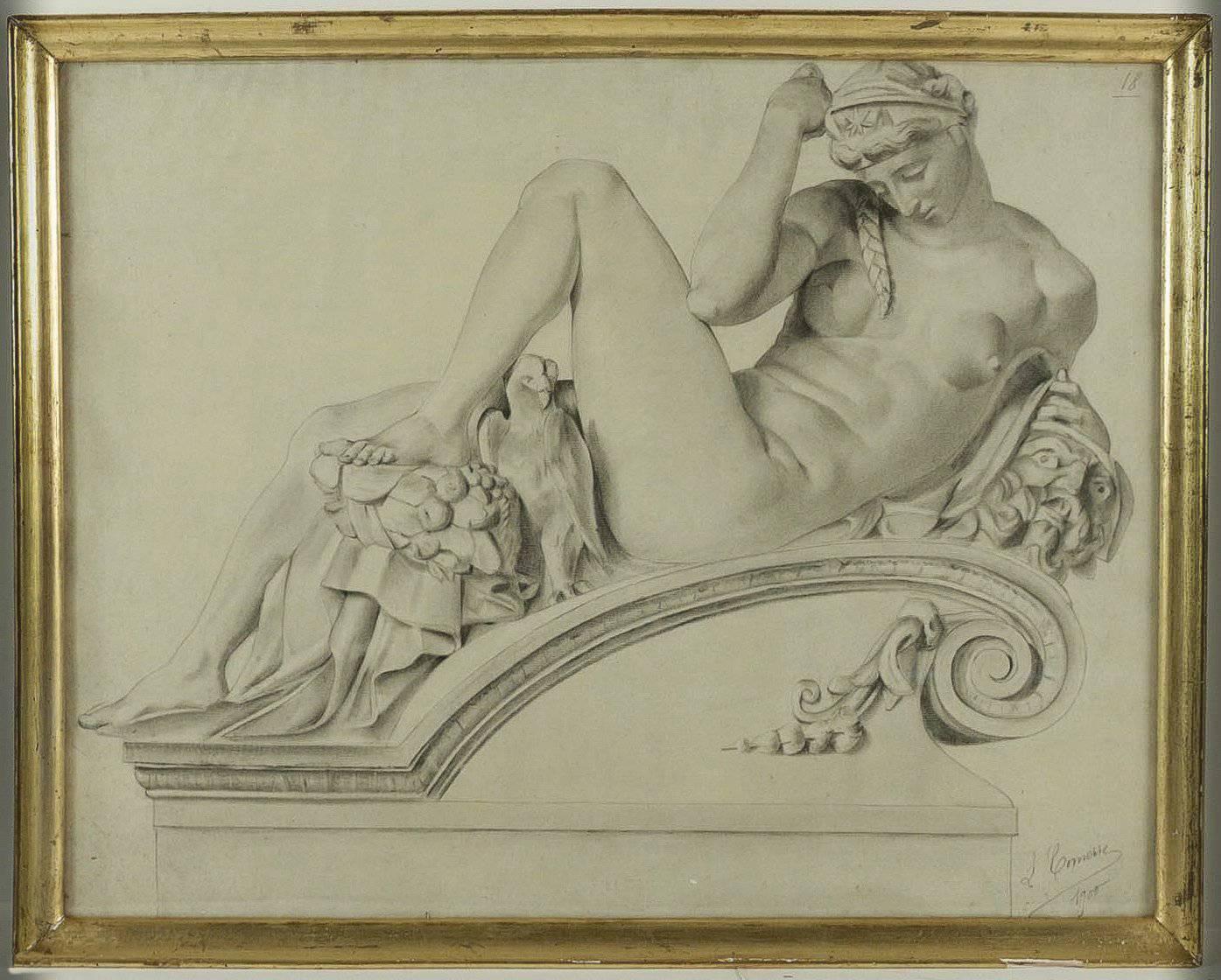 We have the pleasure to present you a lovely drawing based on Michel-angel statue, decorating the grave of Julien de Medicis in San-Lorenzo church in Florence.

Our drawing is signed on the lower-right by Léon François Comerre and is dated 4th