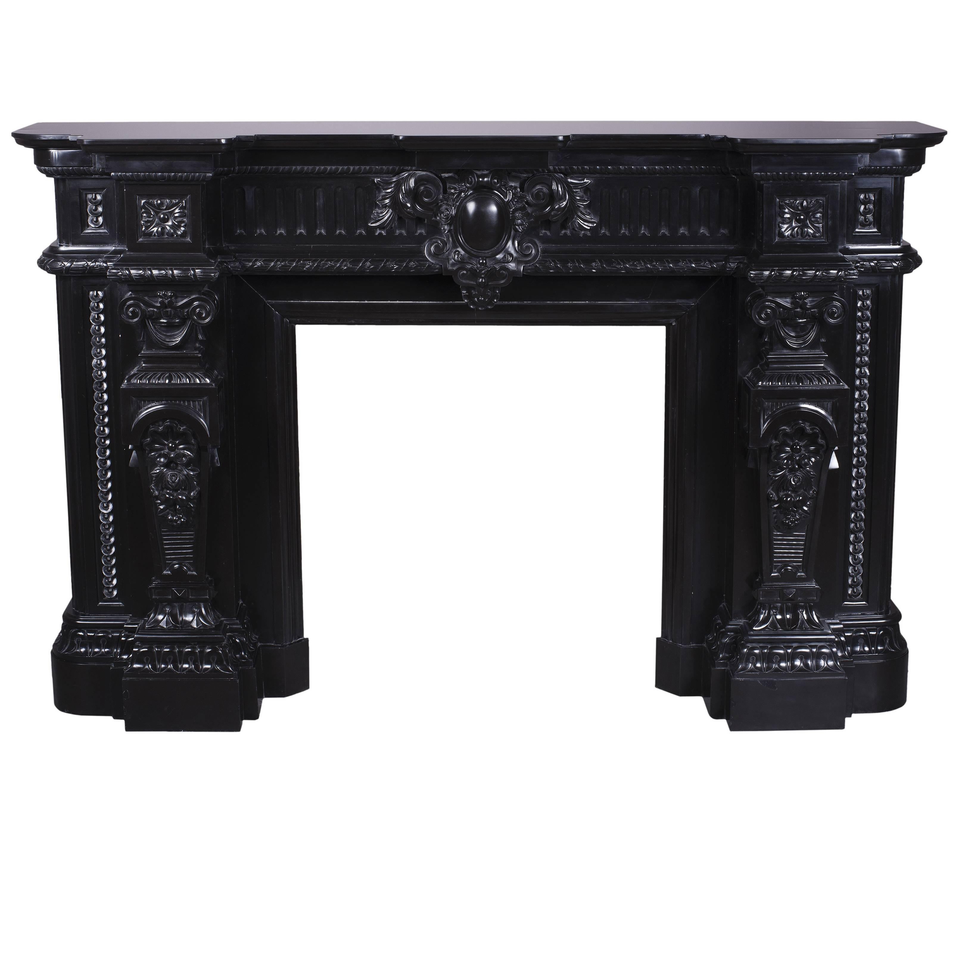 Rare Napoleon III Style Antique Fireplace in Belgian Black Marble, Rich Decor For Sale
