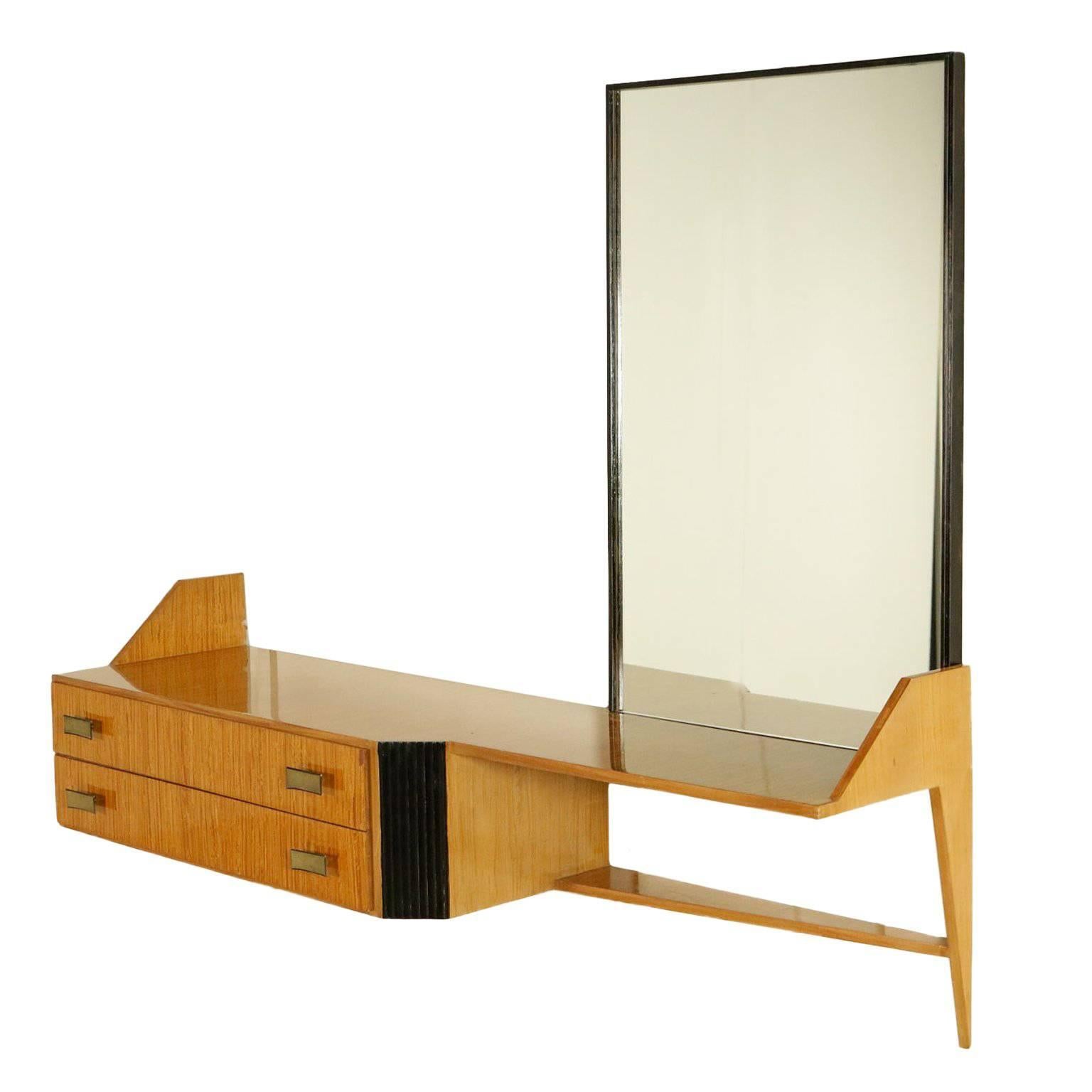 Dressing Table with Mirror Drawers Maple Veneer Brass Handles Italy, 1950s-1960s