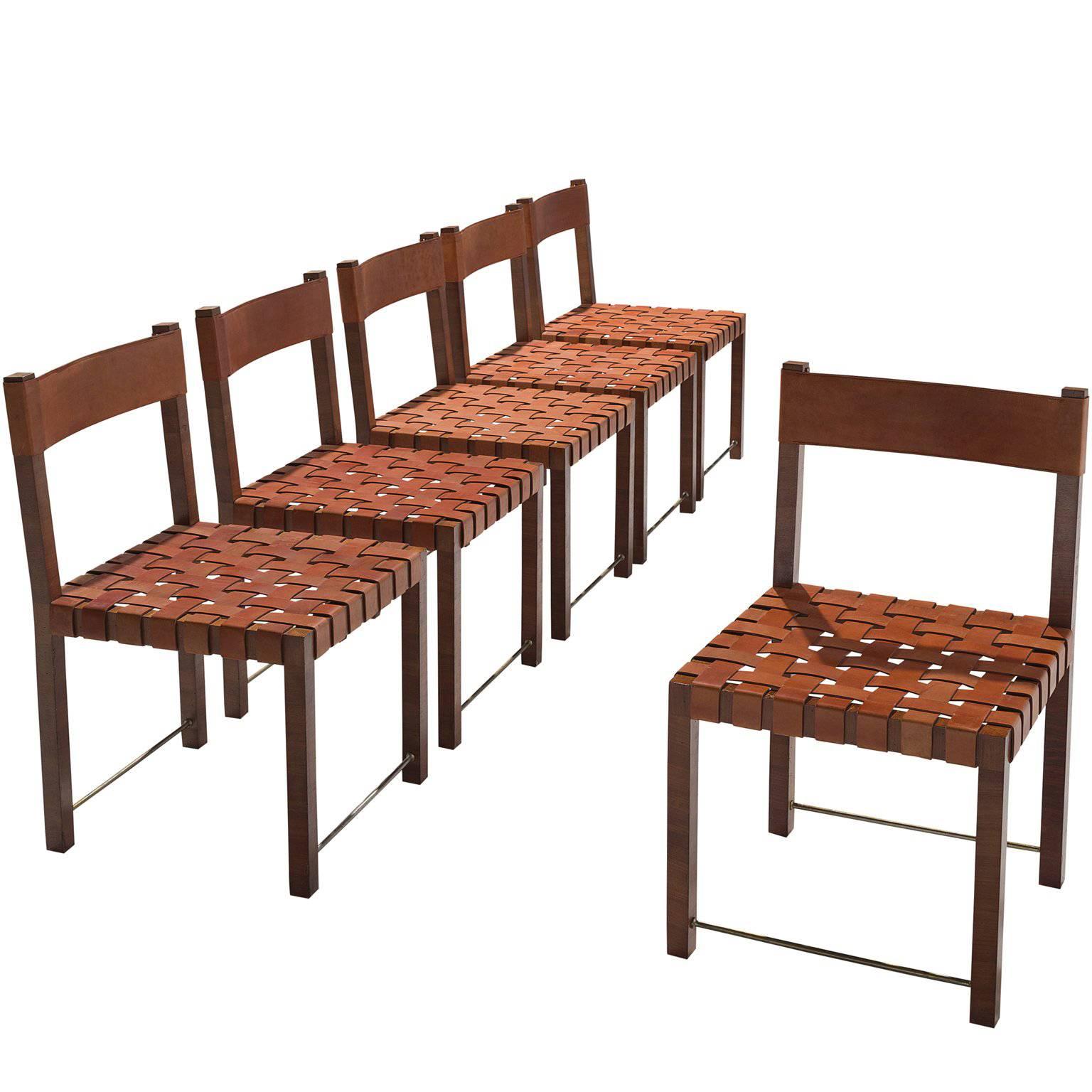 Six Chairs with Cognac Leather Back and Seat