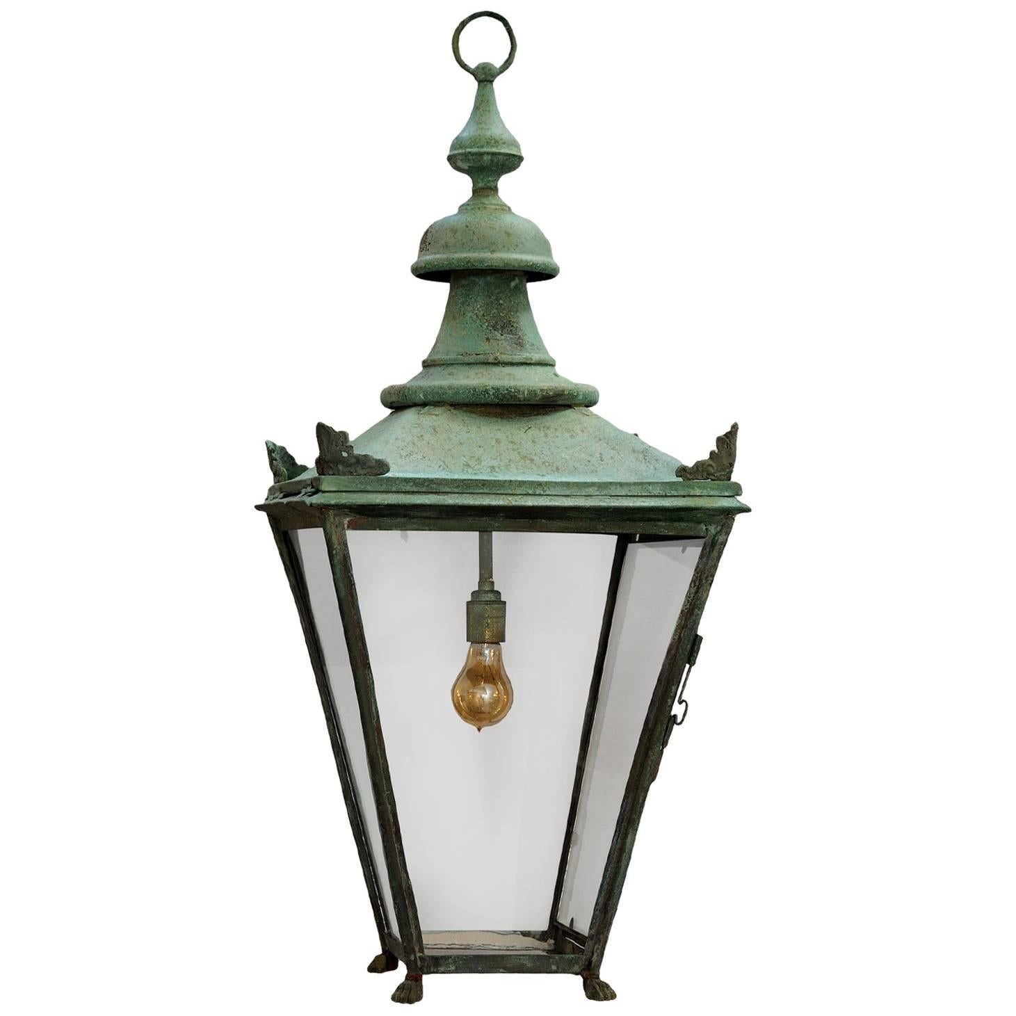 Large English Mid-19th Century Verdigris Copper Hanging Lantern, circa 1860 For Sale
