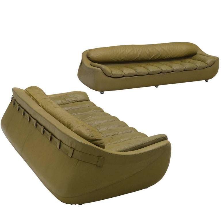 Set of Two Olive Green Leather Sofas For Sale at 1stdibs