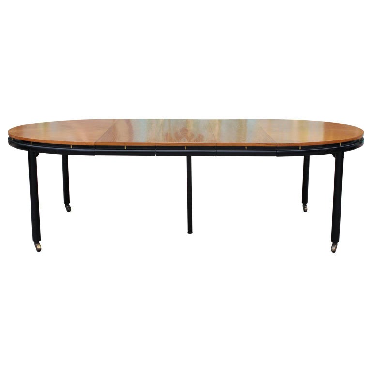 Modern Michael Taylor for Baker Walnut ThreeLeaf TwoTone Oval Dining