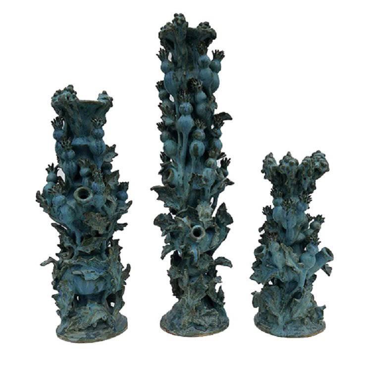 Matthew Solomon Set of Three Thistle Ceramic Candlesticks For Sale