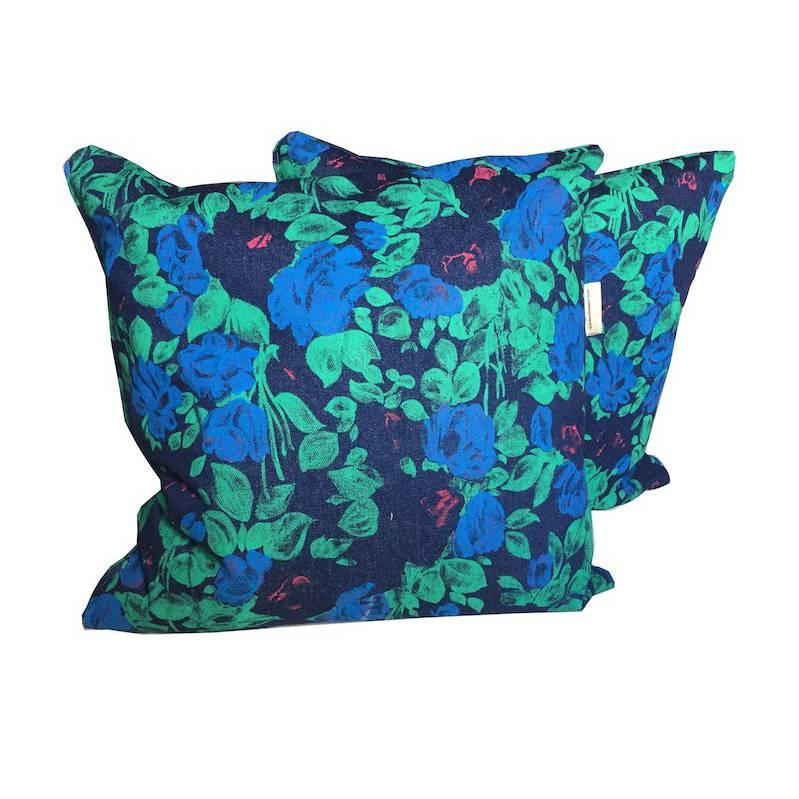 Rare Stunning Screenprinted Denim Floral Blue Green Vintage Cushion Collection For Sale