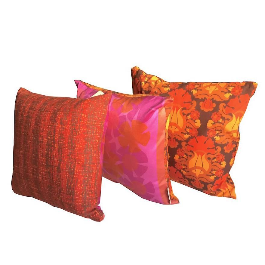 Hot Pink Bright Orange Retro Floral Vintage Geometric Fabric Cushion Collection For Sale