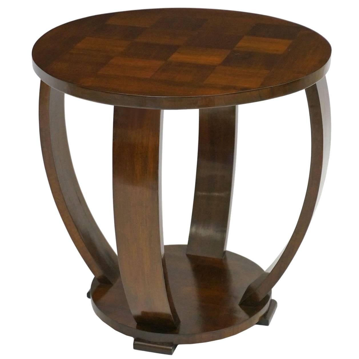French Art Deco Circular Walnut Wood Side Table with Curved Supports, circa 1930