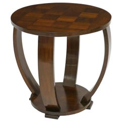 French Art Deco Circular Walnut Wood Side Table with Curved Supports, circa 1930