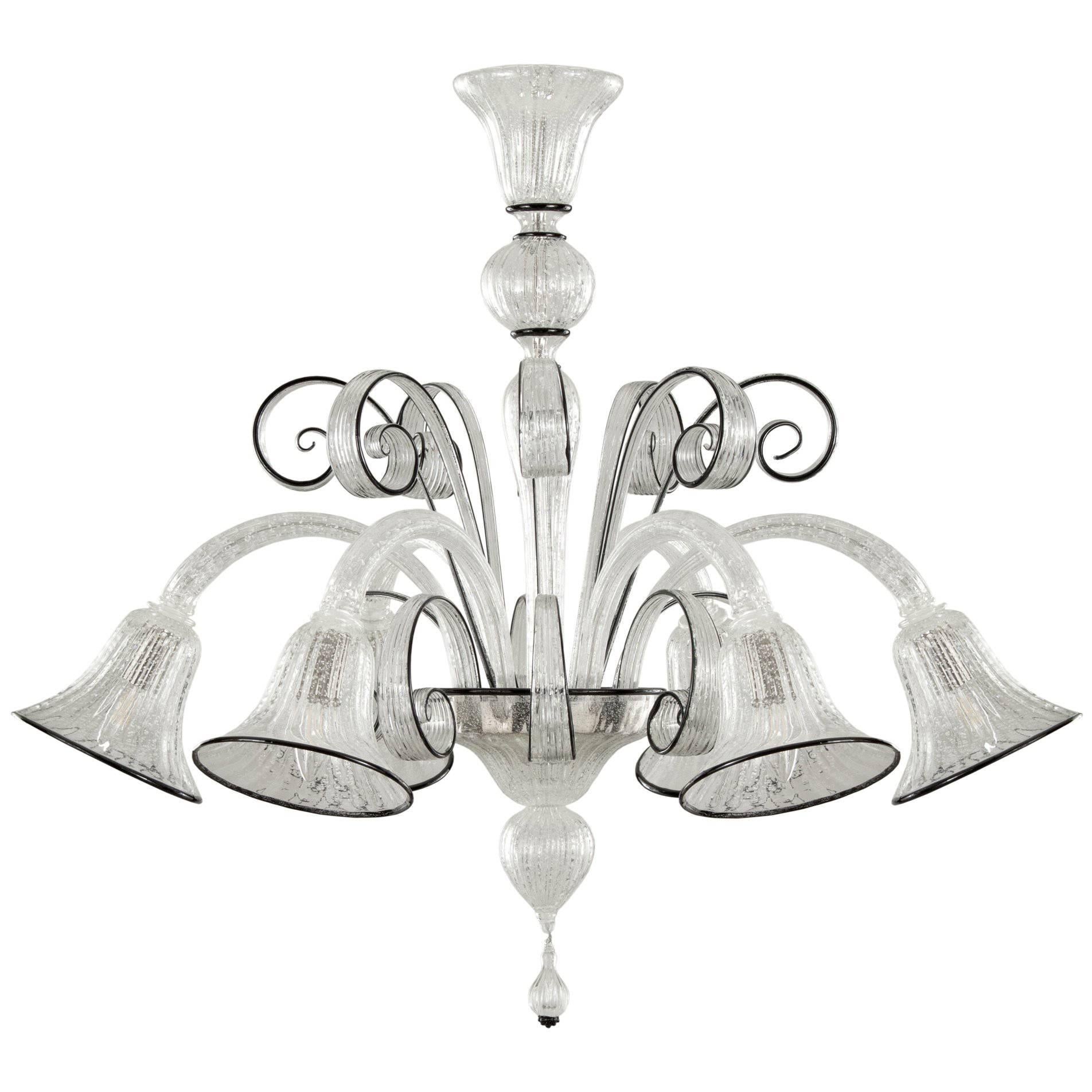 Chandelier Murano Blown Glass Silver Leaf and Black Trimmings, Italian  Style For Sale