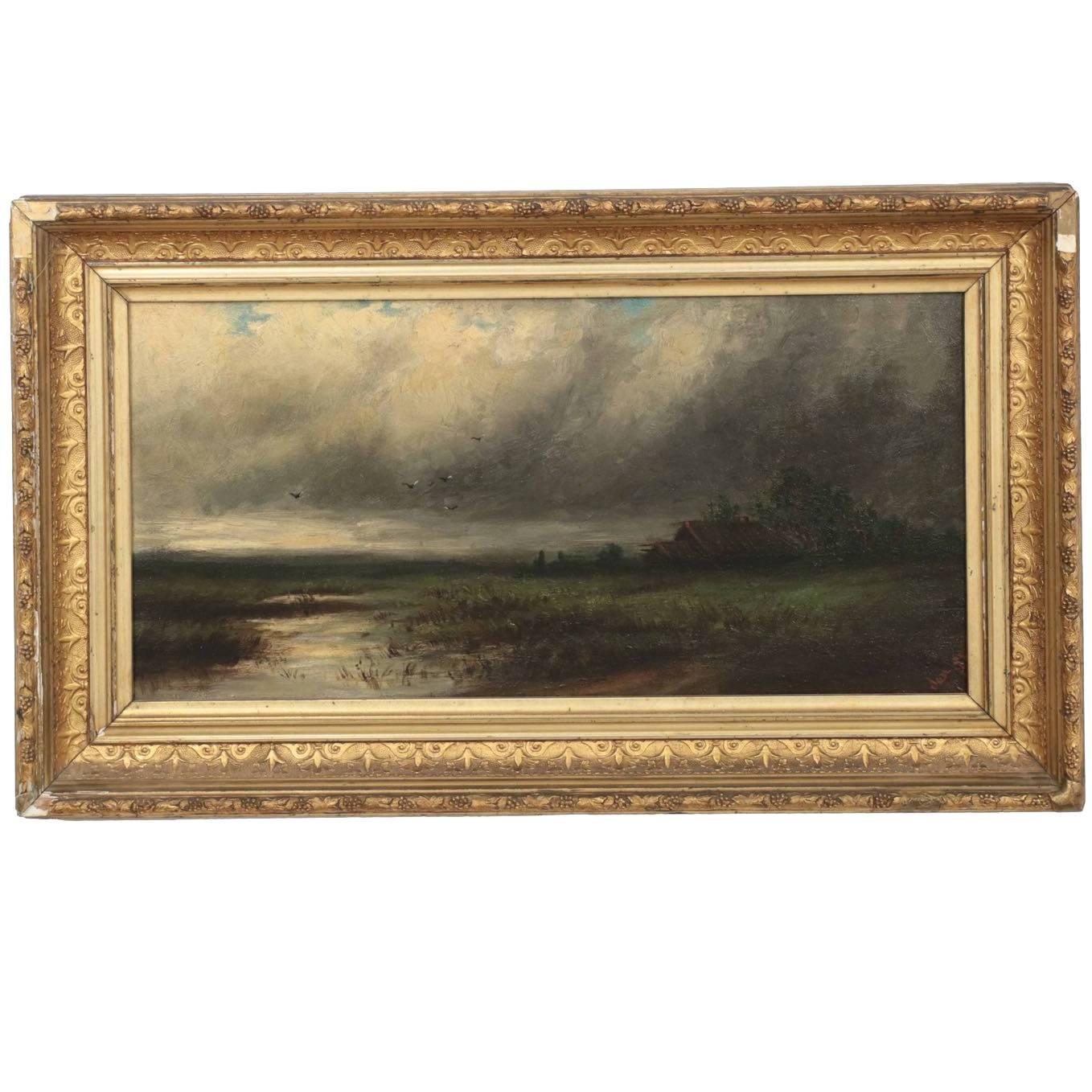 19th Century Barbizon School Landscape Oil Painting of Storm over Marsh