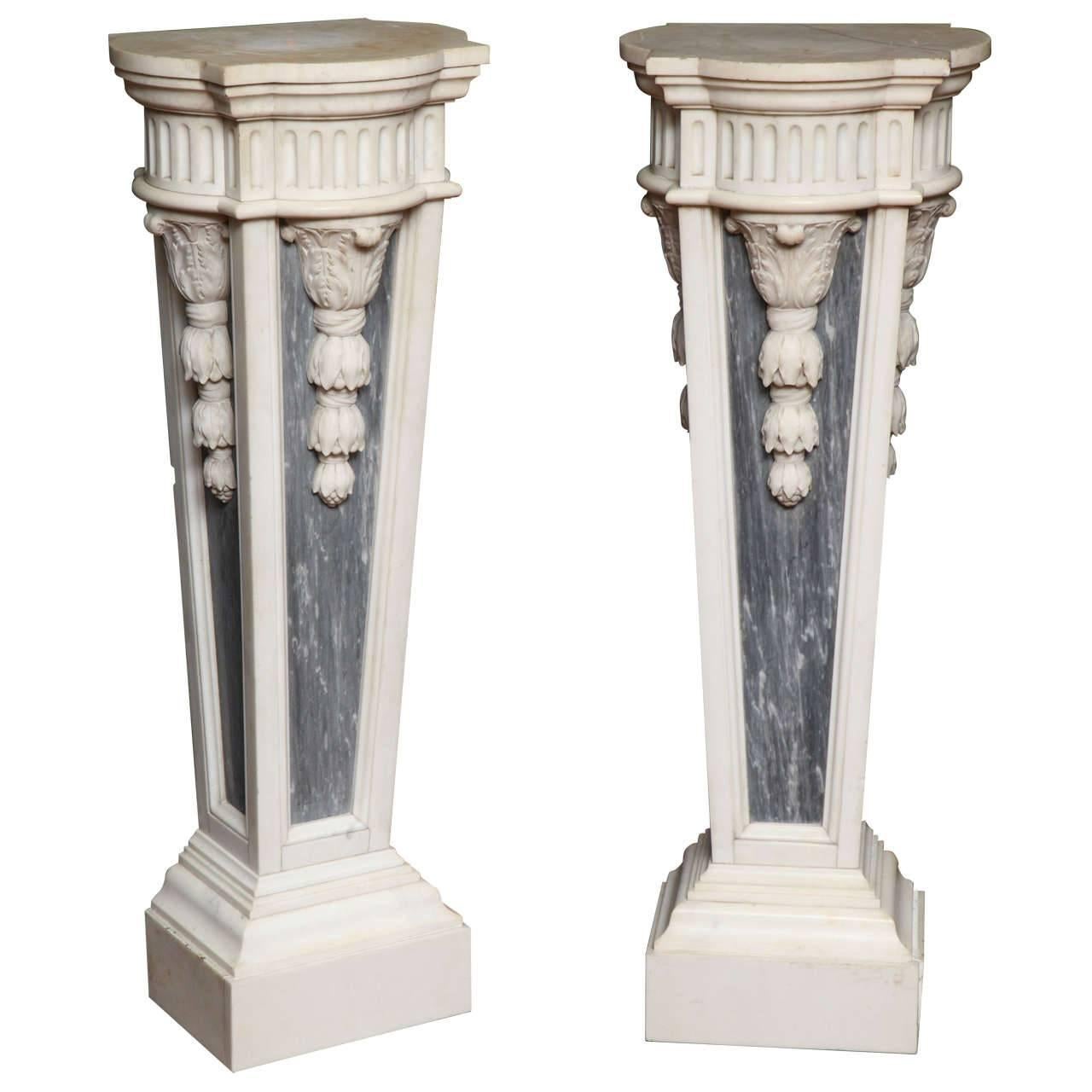 Pair of French Louis XVI Style, Two-Toned Carrera and Grey Marble Pedestals For Sale