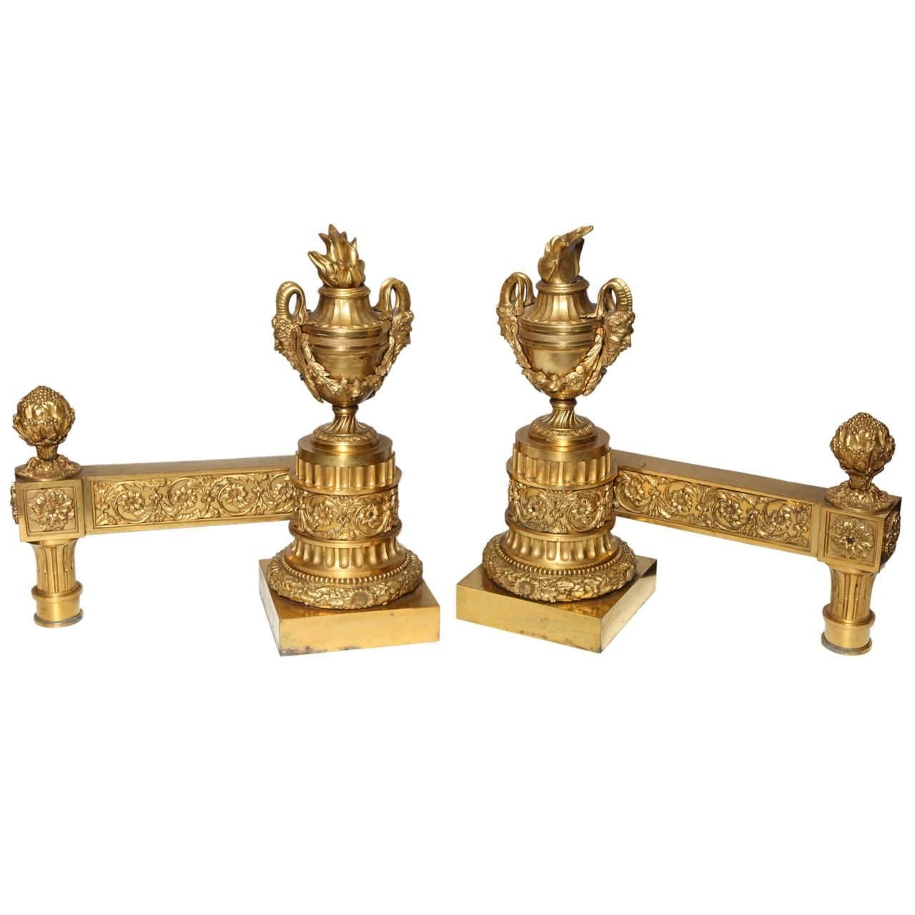 Pair of Antique French Louis XVI Period Gilt Bronze Andirons Chenets