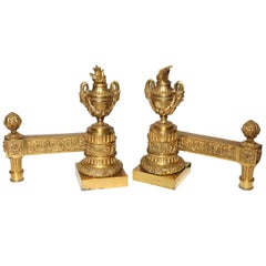 Pair of Antique French Louis XVI Period Gilt Bronze Andirons Chenets