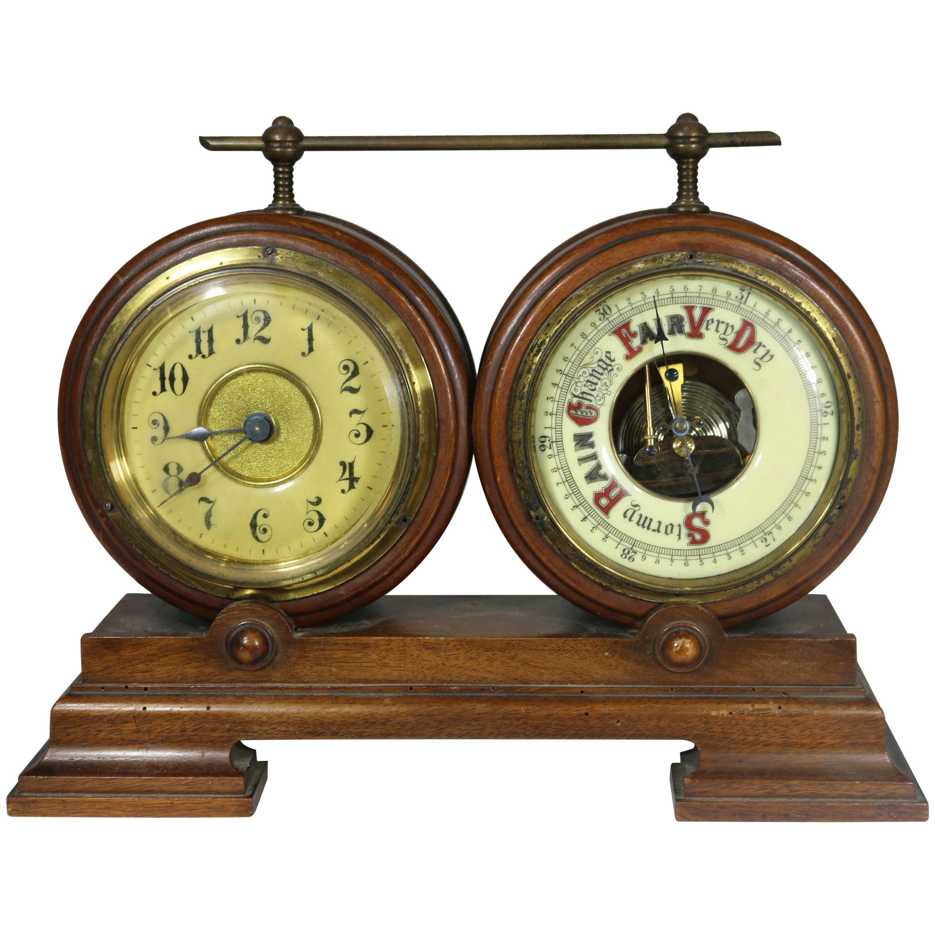 Handsome Clock and Barometer on Wood Base For Sale