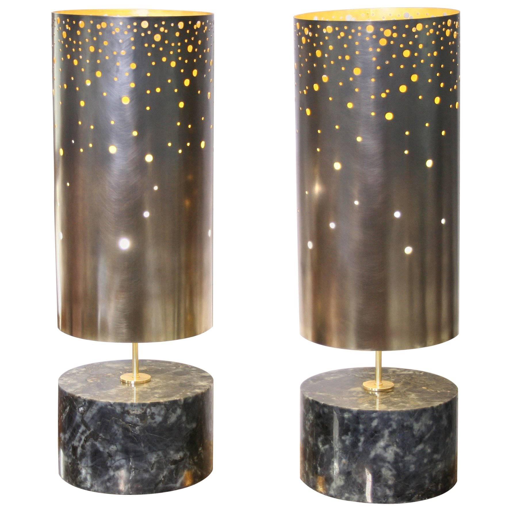 Pair of Table Lamps in Spectrolite and Brass, Model Cassiopée by Arriau